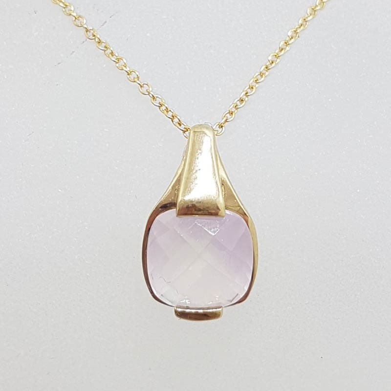 9ct Yellow Gold Square Rose Quartz Pendant on Gold Chain
