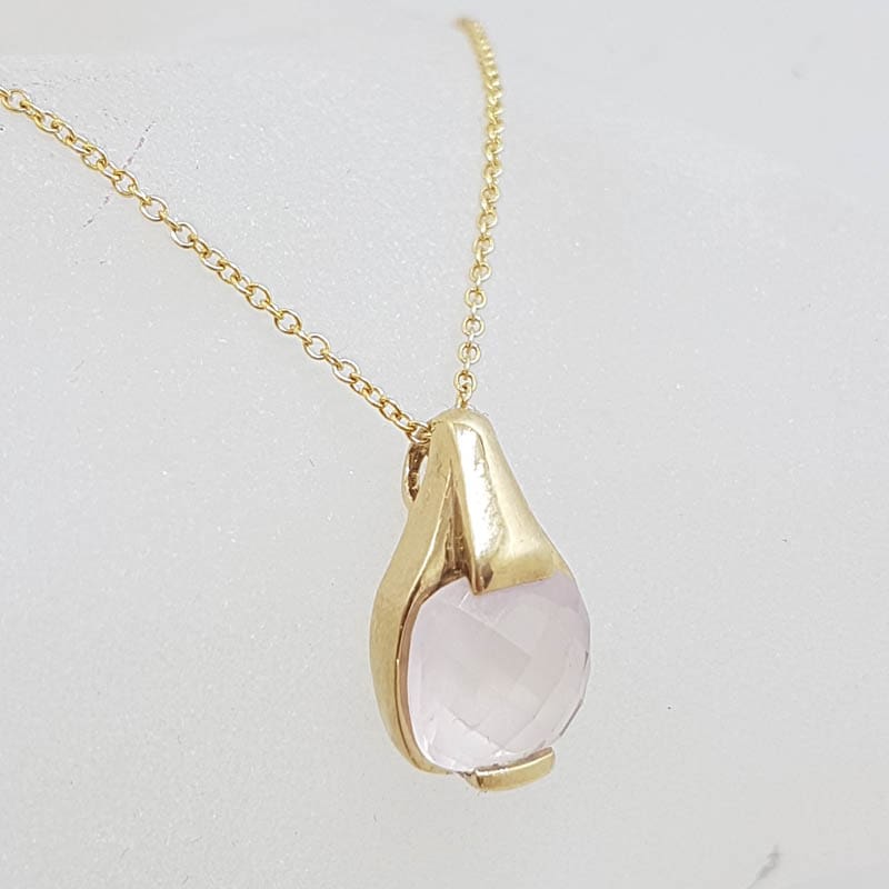 9ct Yellow Gold Square Rose Quartz Pendant on Gold Chain