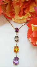 9ct Yellow Gold Rhodolite Garnet, Smokey Quartz, Citrine, Amethyst and Diamond Long Drop Pendant on Gold Chain