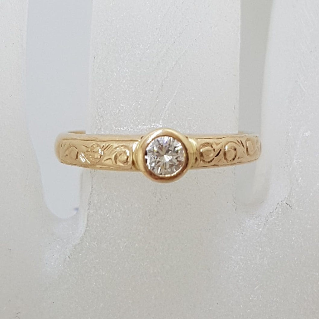 9ct Rose Gold Bezel Set Diamond Solitaire Ornate Motif Engagement Ring
