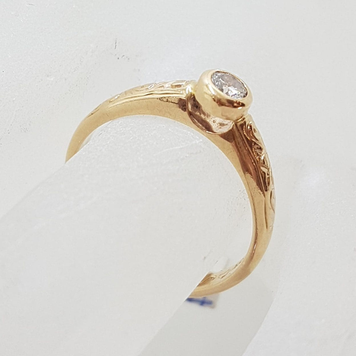 9ct Rose Gold Bezel Set Diamond Solitaire Ornate Motif Engagement Ring
