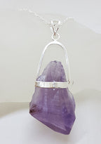 Sterling Silver Very Large Natural Free Form Amethyst Crystal Pendant on Silver Chain