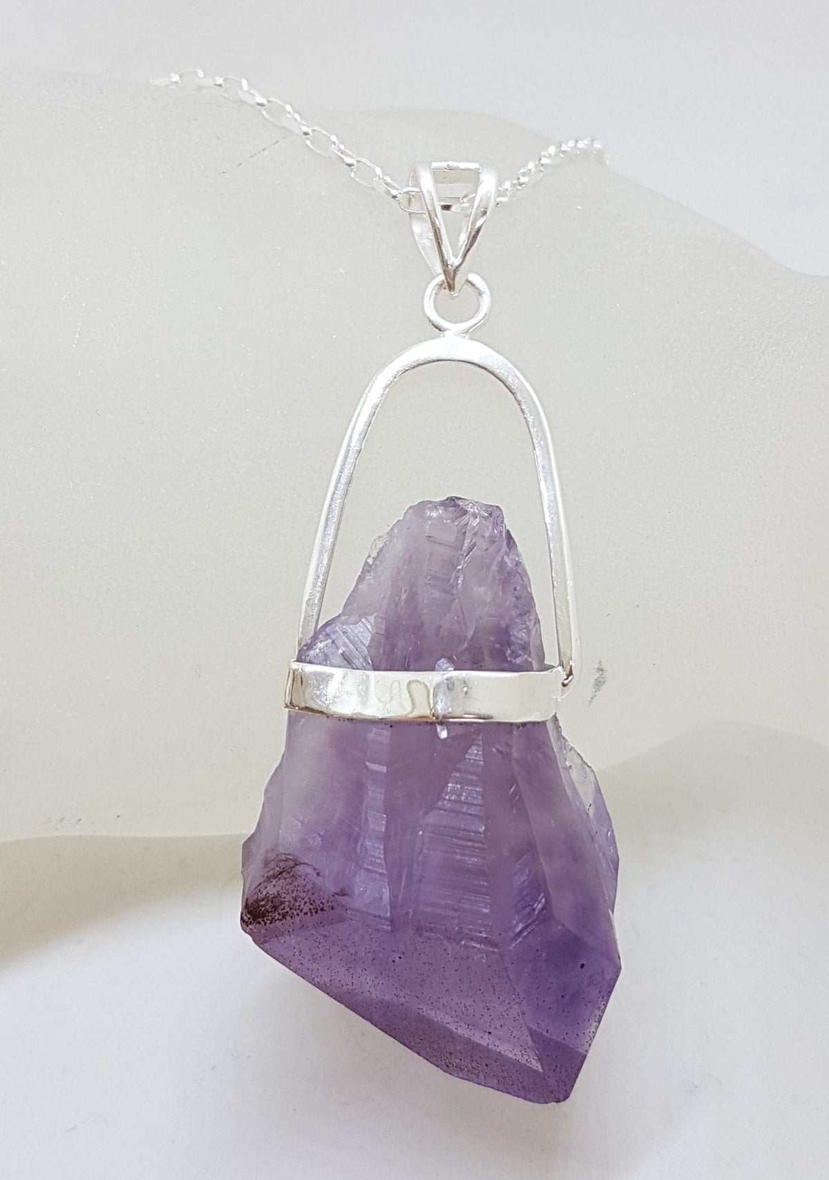 Sterling Silver Very Large Natural Free Form Amethyst Crystal Pendant on Silver Chain