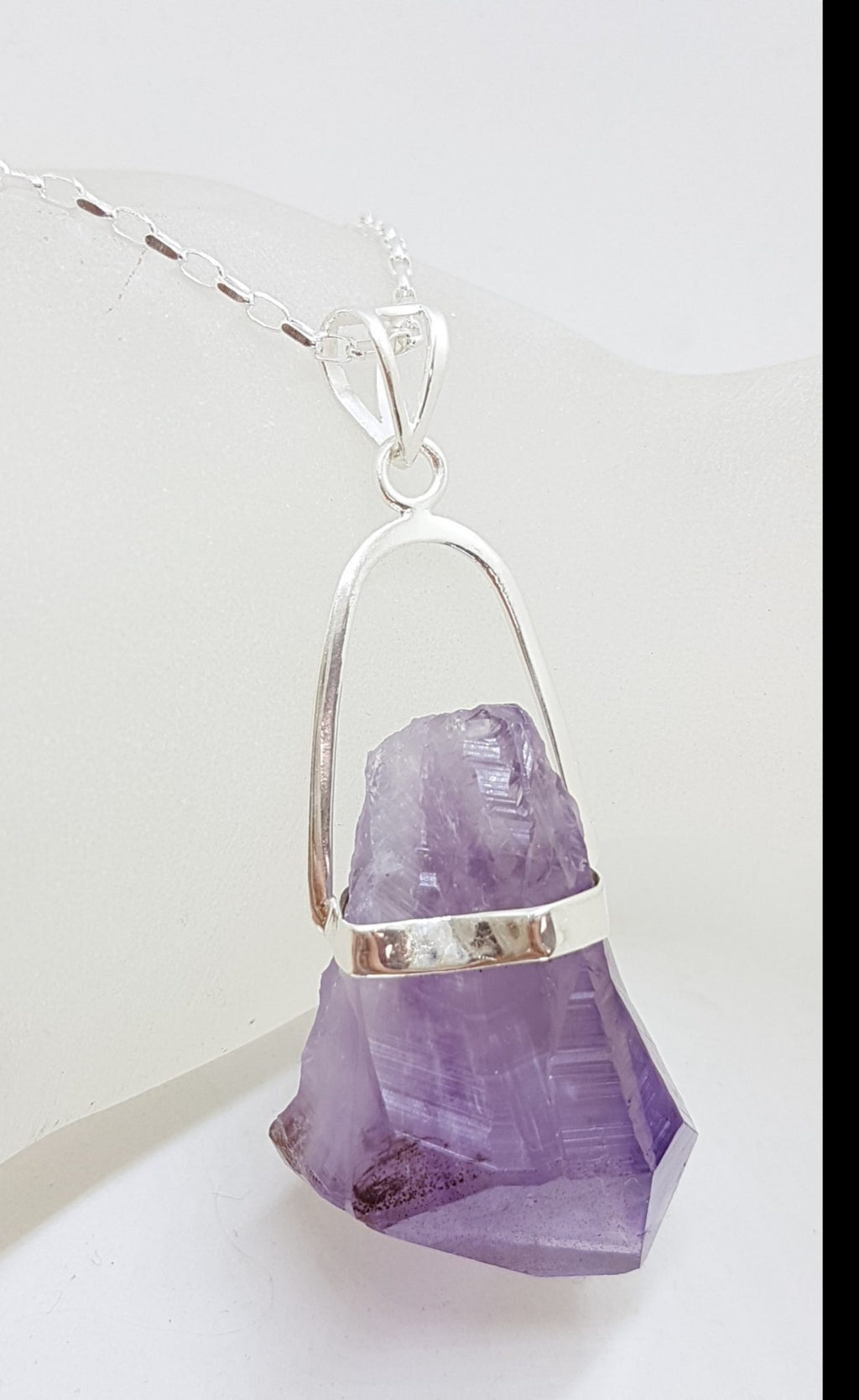Sterling Silver Very Large Natural Free Form Amethyst Crystal Pendant on Silver Chain