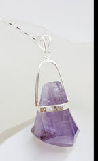 Sterling Silver Very Large Natural Free Form Amethyst Crystal Pendant on Silver Chain