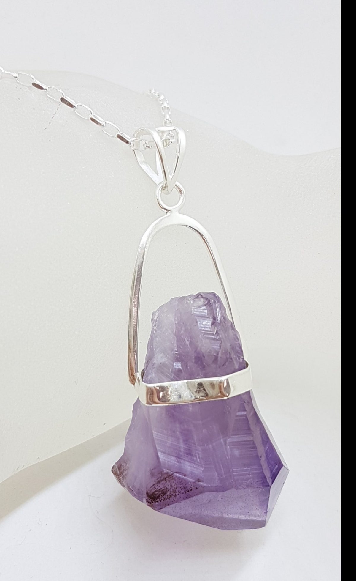 Sterling Silver Very Large Natural Free Form Amethyst Crystal Pendant on Silver Chain