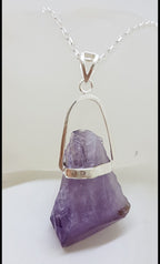 Sterling Silver Very Large Natural Free Form Amethyst Crystal Pendant on Silver Chain