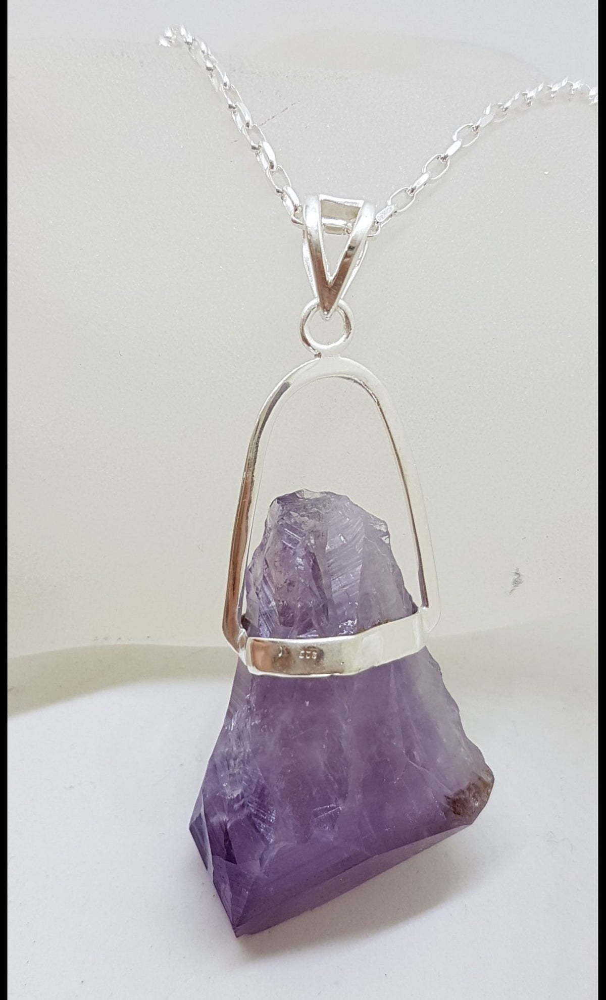 Sterling Silver Very Large Natural Free Form Amethyst Crystal Pendant on Silver Chain