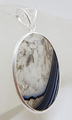 Sterling Silver Large Oval Black Banded Onyx / Agate Pendant on Silver Chain