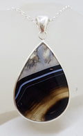 Sterling Silver Large Teardrop / Pear Shape Black Banded Onyx / Agate Pendant on Silver Chain