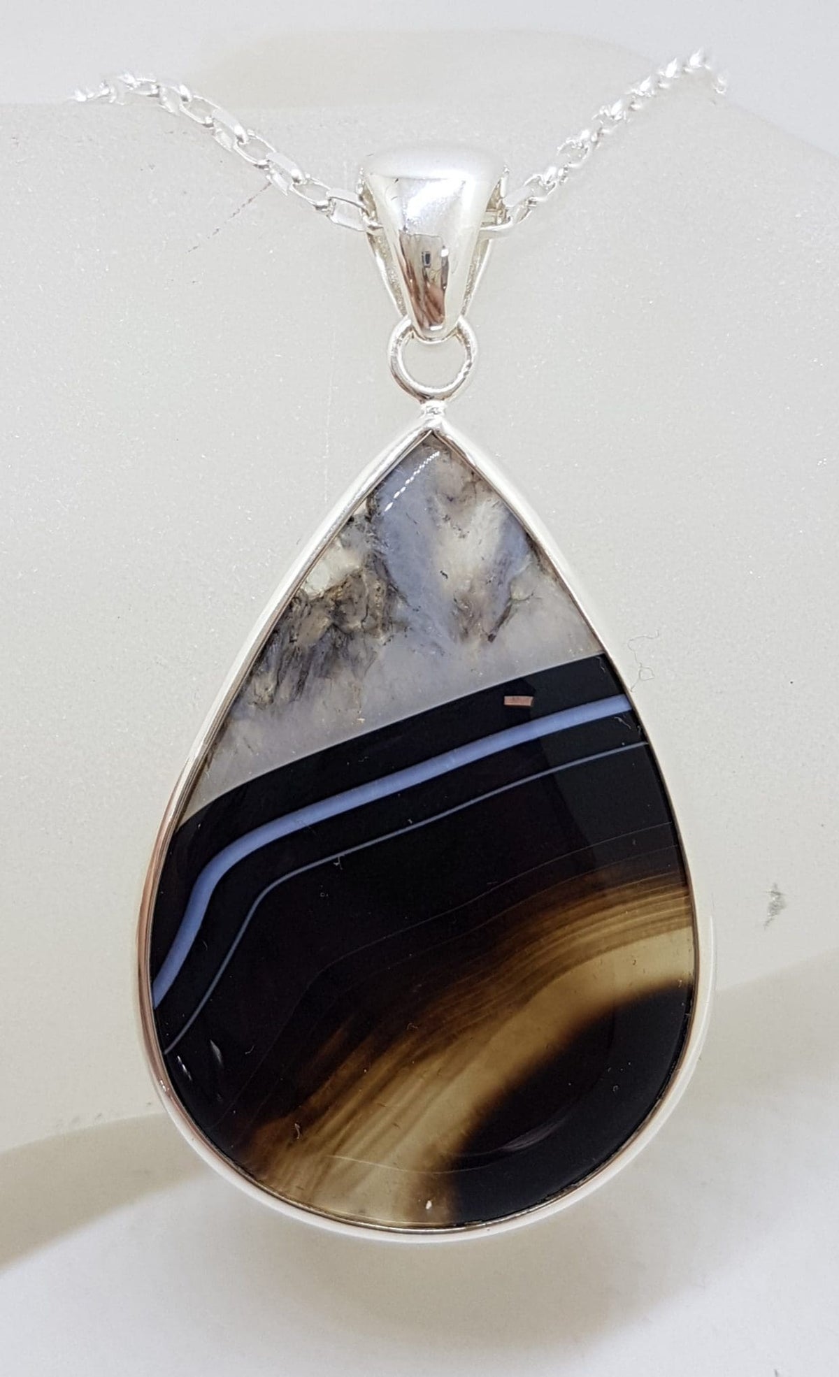 Sterling Silver Large Teardrop / Pear Shape Black Banded Onyx / Agate Pendant on Silver Chain
