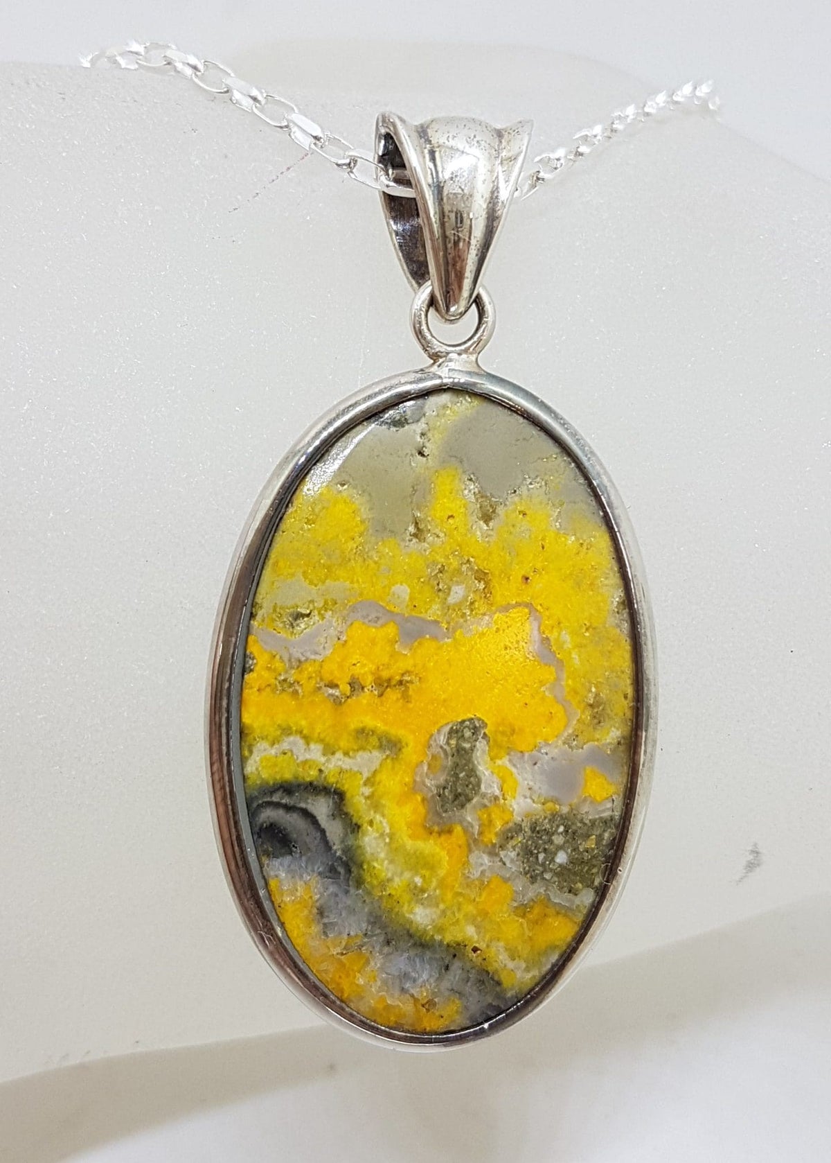 Sterling Silver Large Oval Bumble Bee Jasper Quartz Pendant on Silver Chain