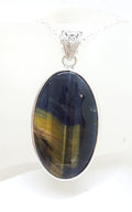 Sterling Silver Large Oval Black Tiger Eye Pendant on Silver Chain