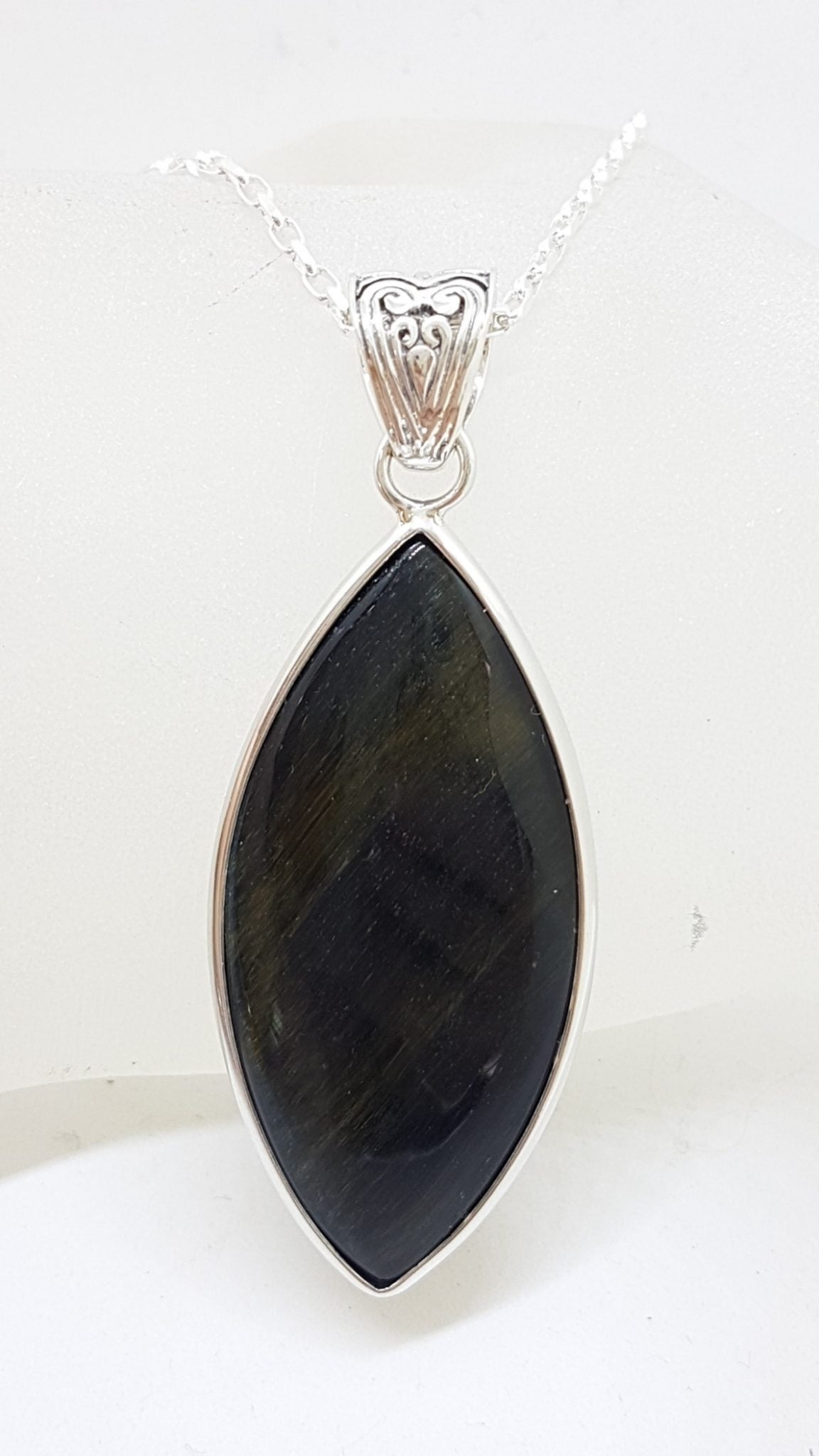Sterling Silver Large Marquis Shape Black Tiger Eye Pendant on Silver Chain