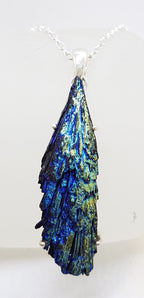 Sterling Silver Black Titanium Kyanite Pendant on Silver Chain - Blue, Green &amp; Yellow - Claw Set