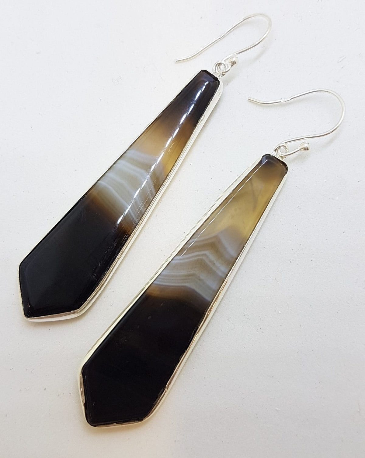 Sterling Silver Long Tie Shaped Black Banded Onyx Drop Earrings