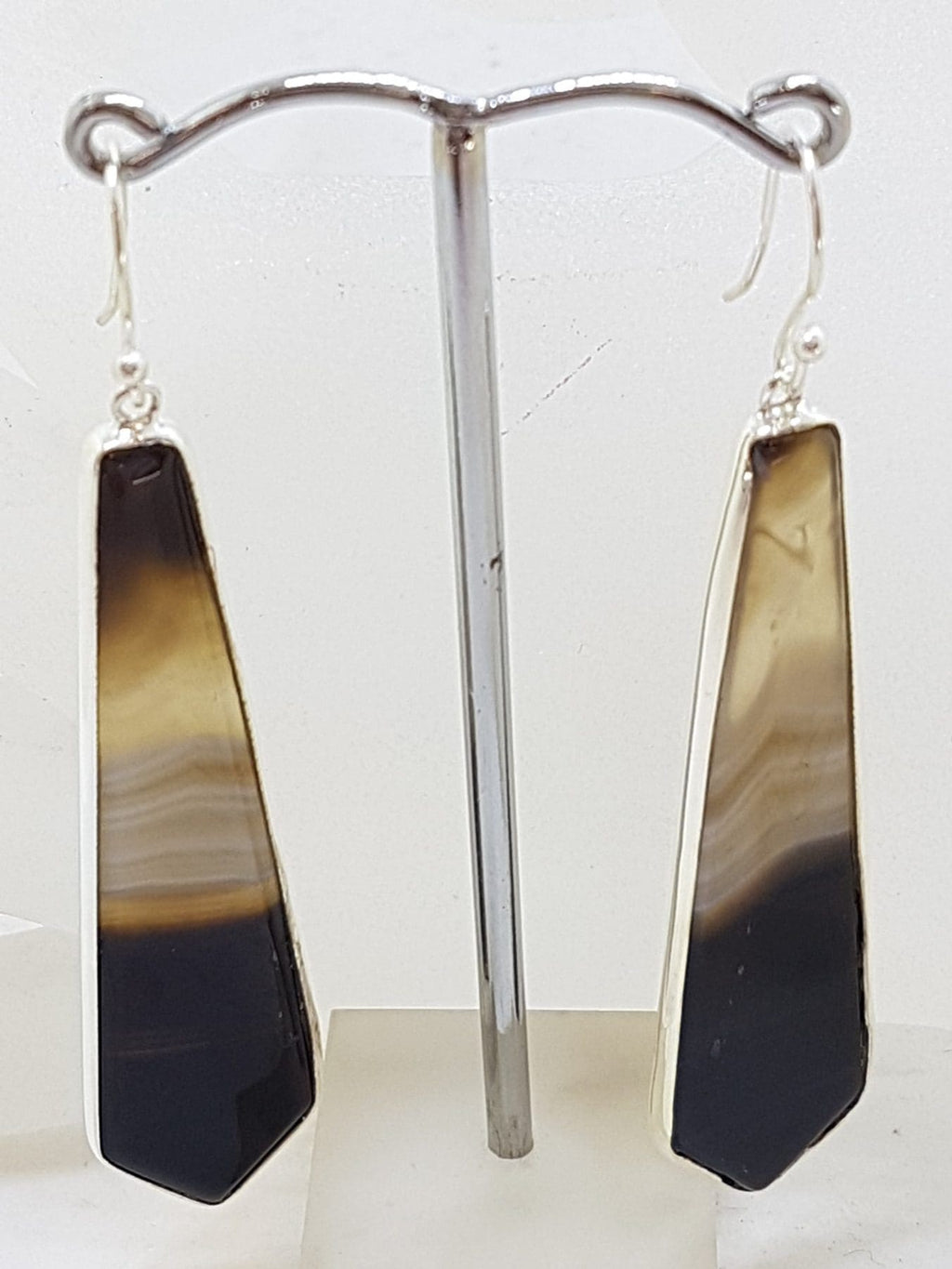 Sterling Silver Long Tie Shaped Black Banded Onyx Drop Earrings