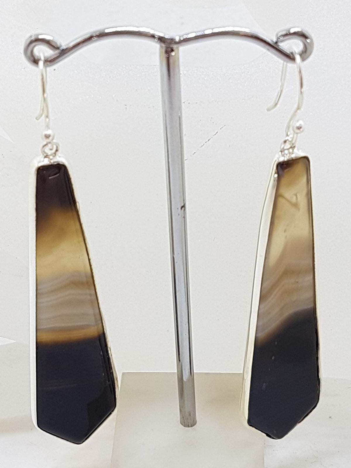 Sterling Silver Long Tie Shaped Black Banded Onyx Drop Earrings