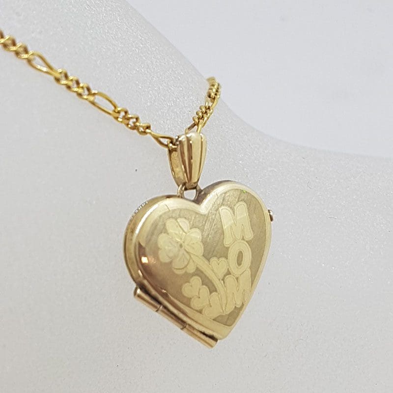 10ct Yellow Gold Heart Shaped "MOM" Locket Pendant on 9ct Gold Chain