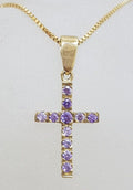 9ct Yellow Gold Purple Cubic Zirconia Cross / Crucifix Pendant on Gold Chain