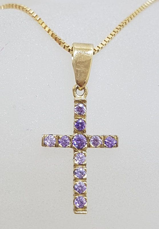 9ct Yellow Gold Purple Cubic Zirconia Cross / Crucifix Pendant on Gold Chain
