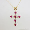 9ct Yellow Gold Red &amp; Clear Cubic Zirconia Cross / Crucifix Pendant on Gold Chain