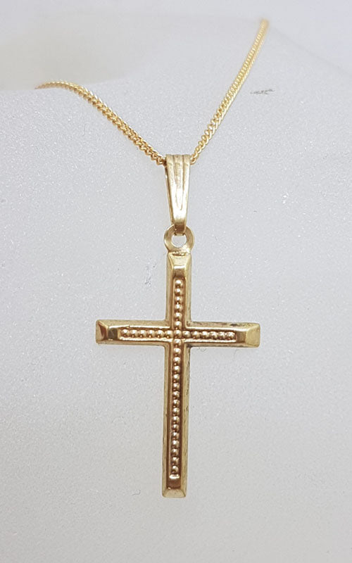 9ct Yellow Gold Patterned Cross / Crucifix Pendant on Gold Chain