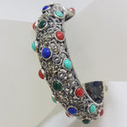 Sterling Silver Marcasite with Blue, Red and Green Wide Ornate Filigree Hinged Bangle