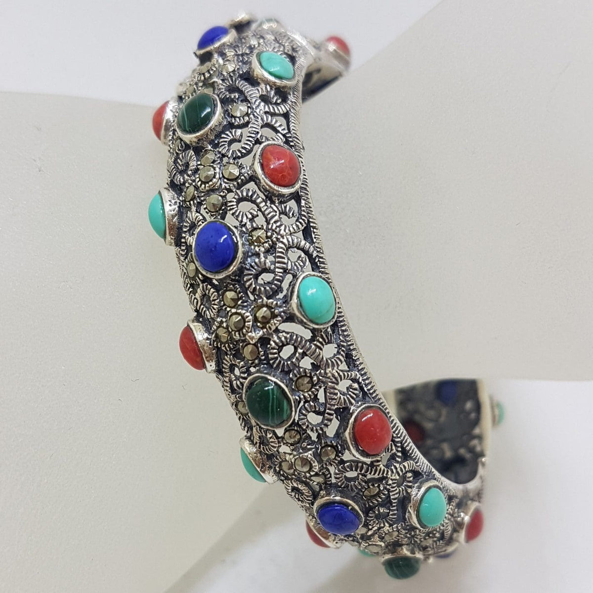 Sterling Silver Marcasite with Blue, Red and Green Wide Ornate Filigree Hinged Bangle