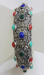 Sterling Silver Marcasite with Blue, Red and Green Wide Ornate Filigree Hinged Bangle