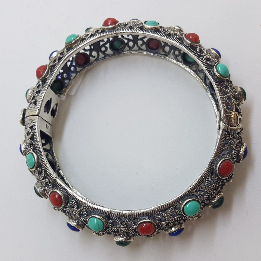 Sterling Silver Marcasite with Blue, Red and Green Wide Ornate Filigree Hinged Bangle