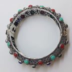Sterling Silver Marcasite with Blue, Red and Green Wide Ornate Filigree Hinged Bangle