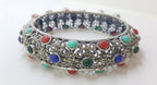 Sterling Silver Marcasite with Blue, Red and Green Wide Ornate Filigree Hinged Bangle