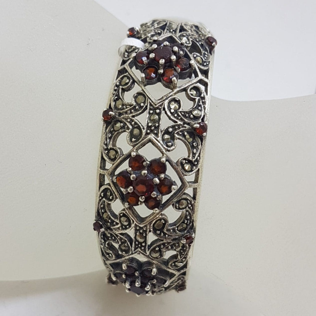 Ornate Sterling Silver Garnet and Marcasite Wide Hinged Bangle