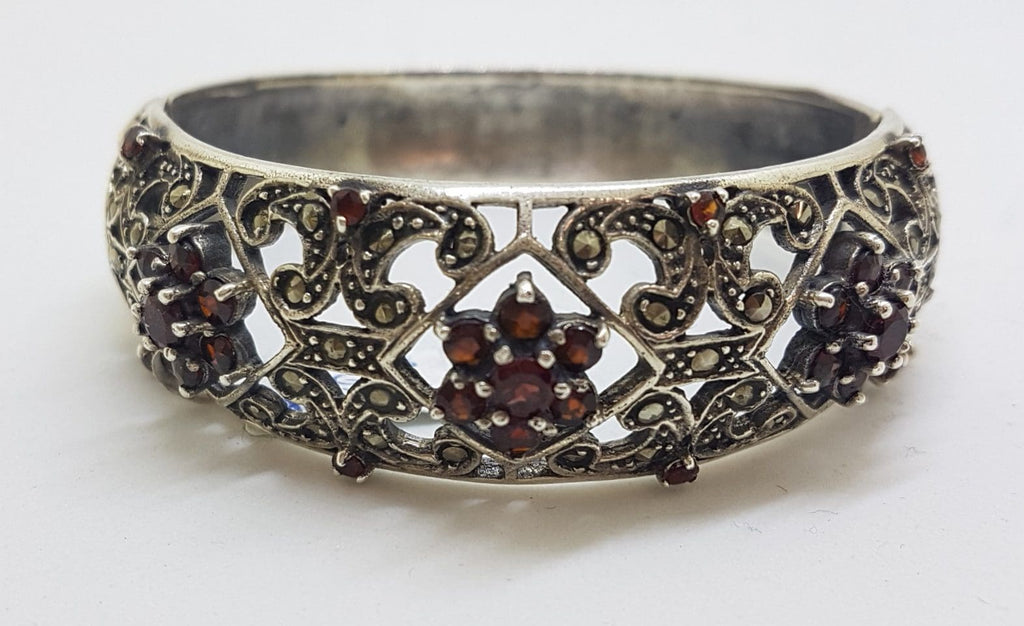Ornate Sterling Silver Garnet and Marcasite Wide Hinged Bangle