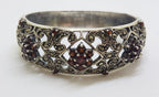 Ornate Sterling Silver Garnet and Marcasite Wide Hinged Bangle