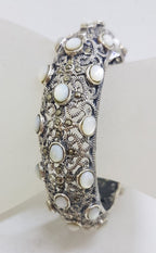 Sterling Silver Marcasite with Mother of Pearl Wide Ornate Filigree Hinged Bangle