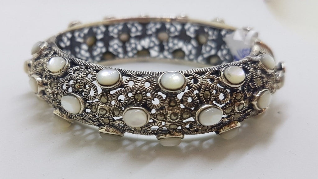 Sterling Silver Marcasite with Mother of Pearl Wide Ornate Filigree Hinged Bangle