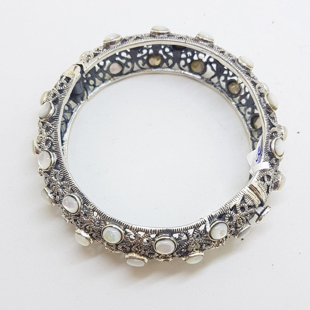 Sterling Silver Marcasite with Mother of Pearl Wide Ornate Filigree Hinged Bangle