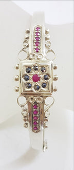 Sterling Silver Ornate Natural Ruby with Marcasite Hinged Bangle