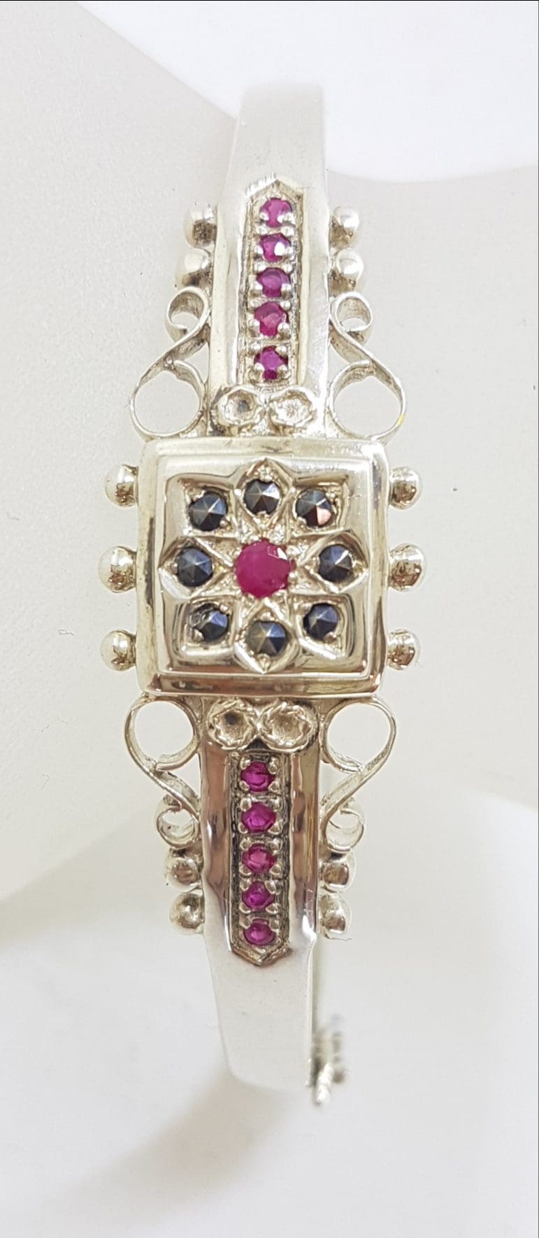 Sterling Silver Ornate Natural Ruby with Marcasite Hinged Bangle