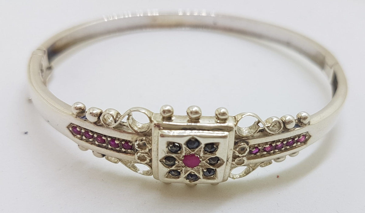 Sterling Silver Ornate Natural Ruby with Marcasite Hinged Bangle
