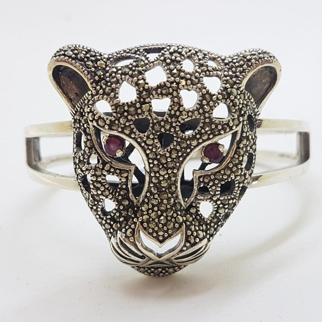 Sterling Silver Very Large Natural Ruby with Marcasite Panther / Cat / Puma Head Hinged Bangle