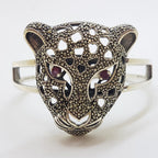 Sterling Silver Very Large Natural Ruby with Marcasite Panther / Cat / Puma Head Hinged Bangle