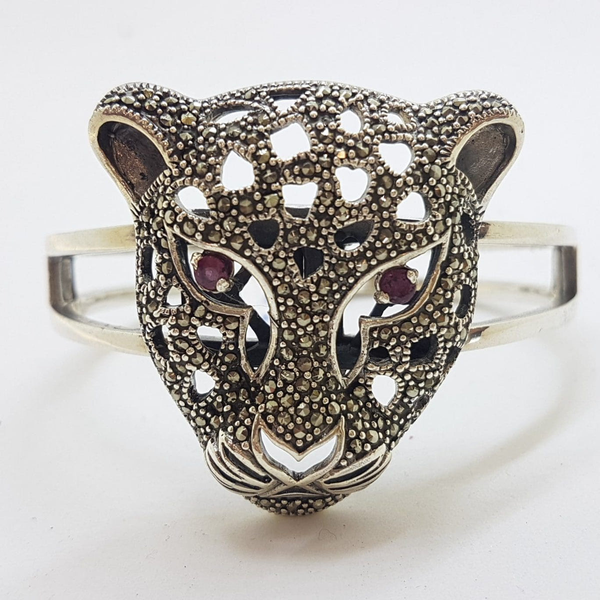 Sterling Silver Very Large Natural Ruby with Marcasite Panther / Cat / Puma Head Hinged Bangle