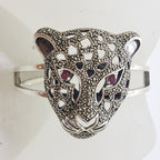 Sterling Silver Very Large Natural Ruby with Marcasite Panther / Cat / Puma Head Hinged Bangle