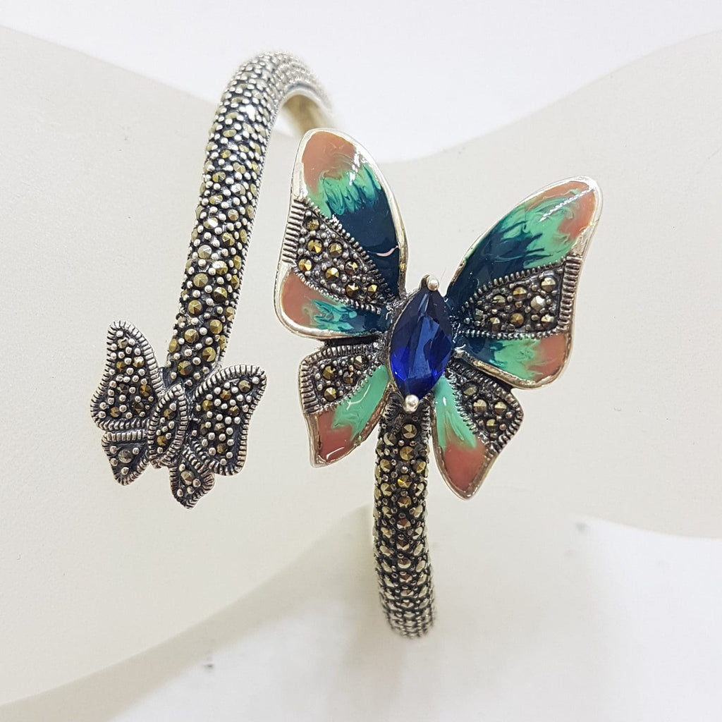 Sterling Silver Marcasite, Cubic Zirconia and Blue with Pink Enamel Butterfly Hinged Bangle