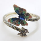 Sterling Silver Marcasite, Cubic Zirconia and Blue with Pink Enamel Butterfly Hinged Bangle