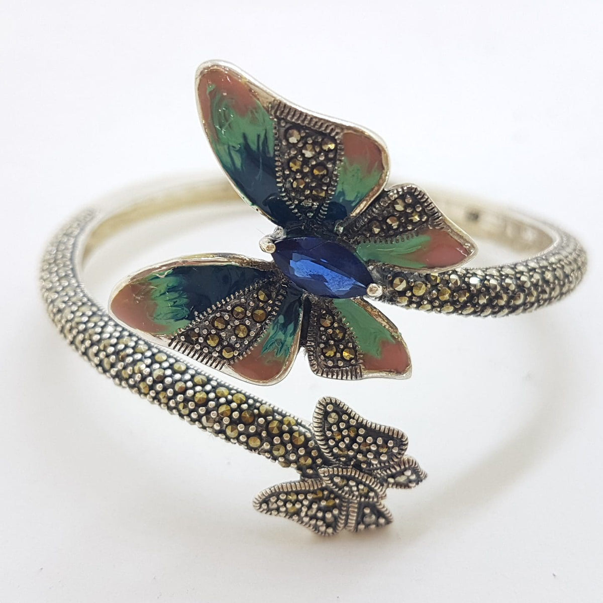 Sterling Silver Marcasite, Cubic Zirconia and Blue with Pink Enamel Butterfly Hinged Bangle