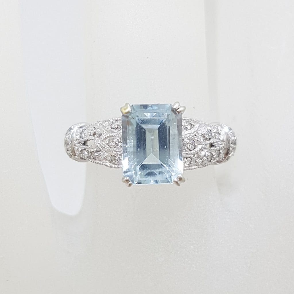 14ct White Gold Rectangular Topaz with Ornate Set Diamond Ring